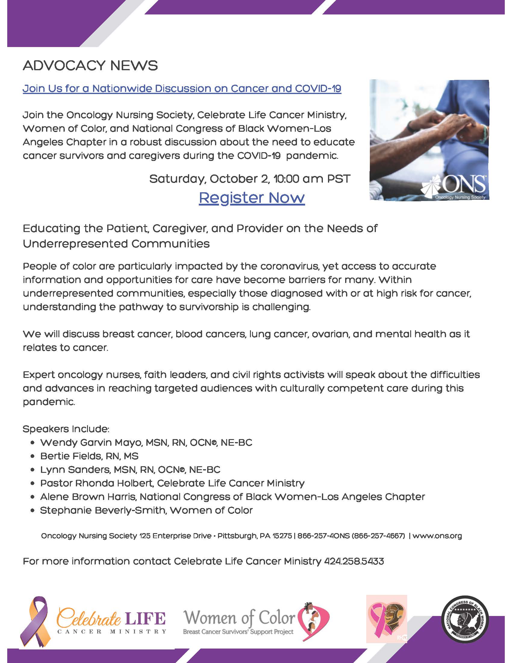 2021-ADVOCACY NEWS Join Us for a Nationwide Discussion on Cancer and COVID-19 Join the Oncology Nursing Society, Celebrate Life Cancer Ministry, Women of Color, and National Congress